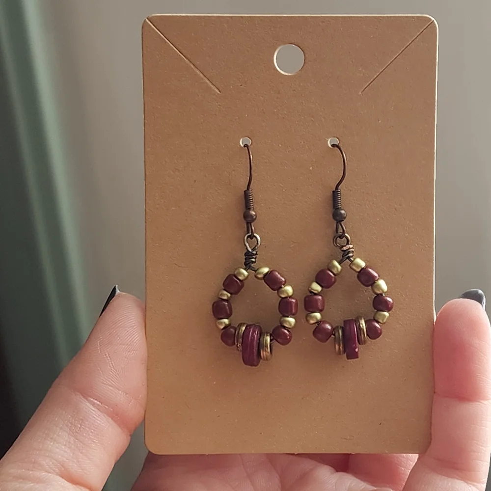 Handmade Beaded Hoop Earrings, Wood And Metal - Picture 5 of 6